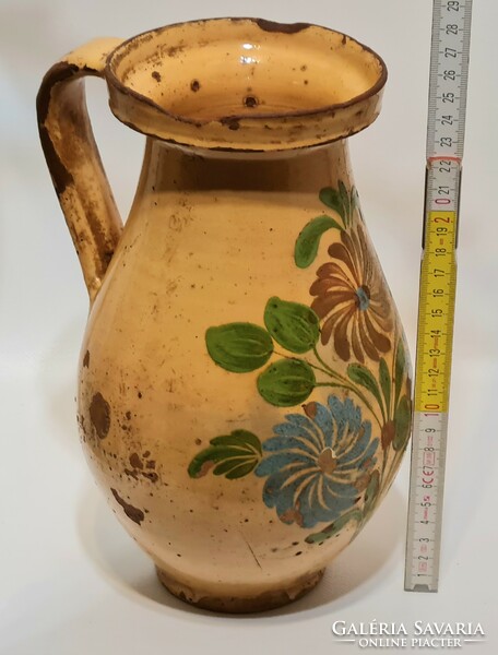 Folk, red, dark blue floral pattern, light brown glazed ceramic milk jug (2434)