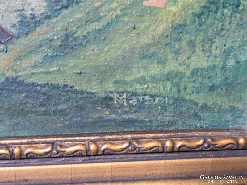 Alpesi tájkép házikókkal - jelzett (35×25 cm) olaj, karton