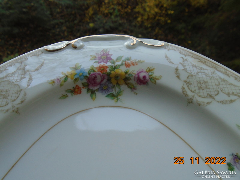 Oval serving bowl with antique relief pattern, colorful bouquet of flowers, baroque fine enamel grid pattern