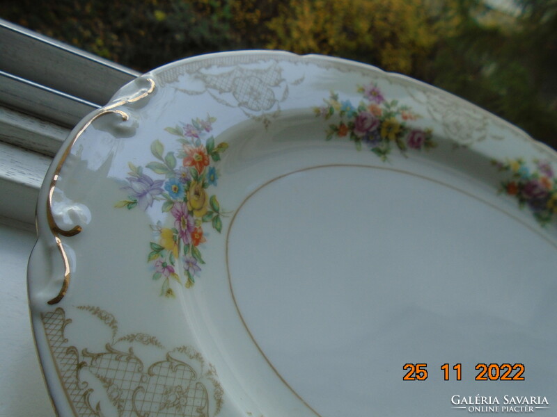 Oval serving bowl with antique relief pattern, colorful bouquet of flowers, baroque fine enamel grid pattern