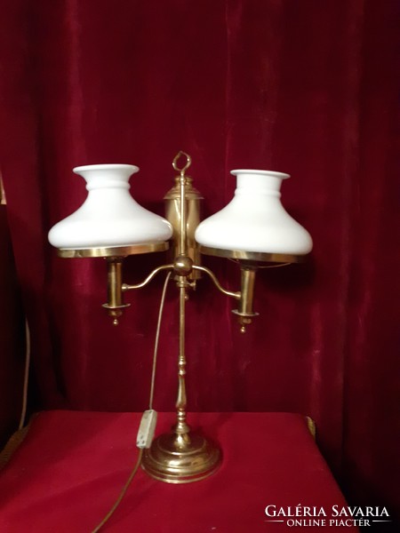 Old copper table oil lamp, two-pronged, with milky white shades, electric. Easter sale!
