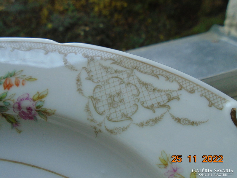 Oval serving bowl with antique relief pattern, colorful bouquet of flowers, baroque fine enamel grid pattern