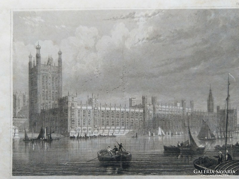 Parlament épületek Londonban. Eredeti acelmetszet ca.1841
