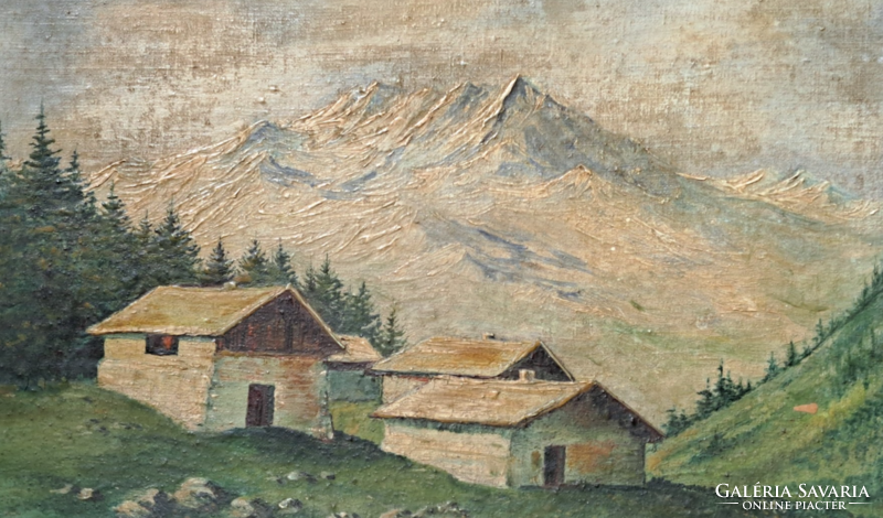 Alpine landscape with cottages - signed (35×25 cm) oil on cardboard