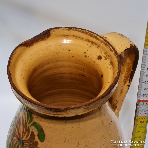 Folk, red, dark blue floral pattern, light brown glazed ceramic milk jug (2434)