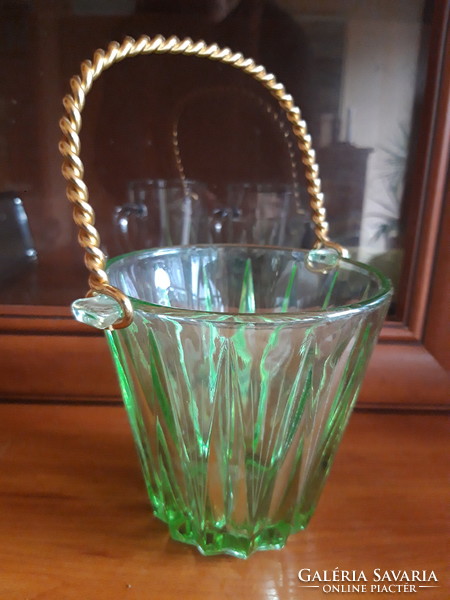 Green glass ice bucket with gold-plated handle