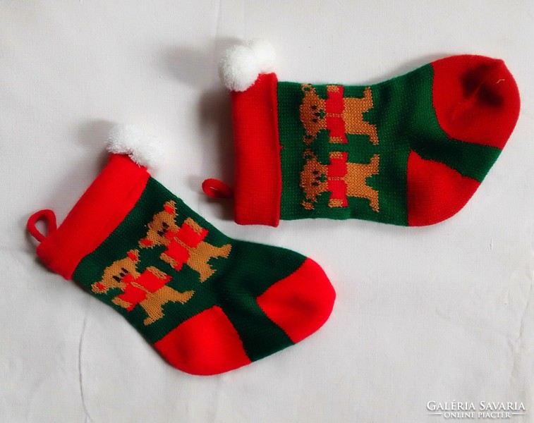 Two teddy bears red green Christmas gift bag stockings socks fireplace hanging ornament decoration