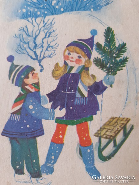 Régi karácsonyi képeslap 1968 szánkózó gyerekek rajzos levelezőlap