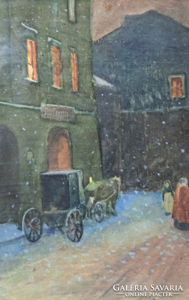 Hintó a hóesésben - téli utcakép (akvarell kerettel) havas, karácsonyi hangulatú jelenet