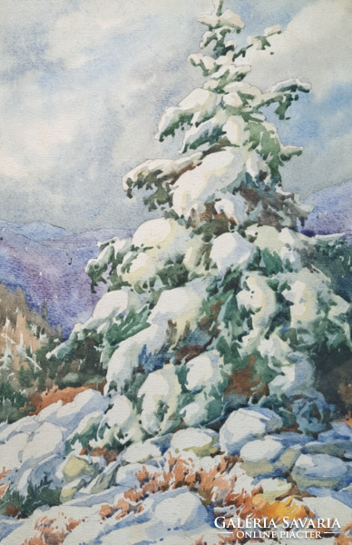 Gyönyörű téli tájkép - régi hangulatos akvarell (karácsony, fenyőfa, hó, havas táj)
