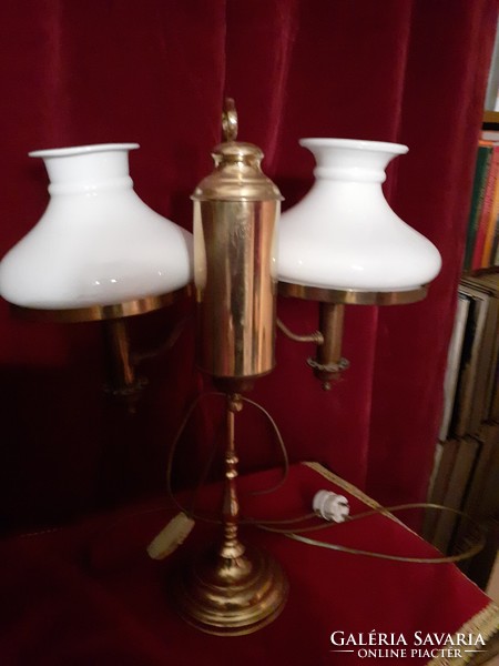 Old copper table oil lamp, two-pronged, with milky white shades, electric. Easter sale!