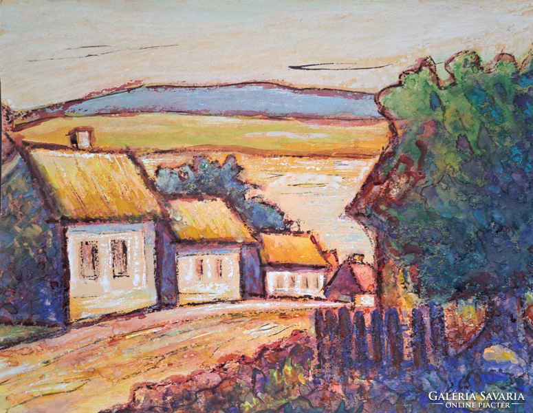 Morning street scene (40x30 cm on tempera paper) village houses, morning atmosphere