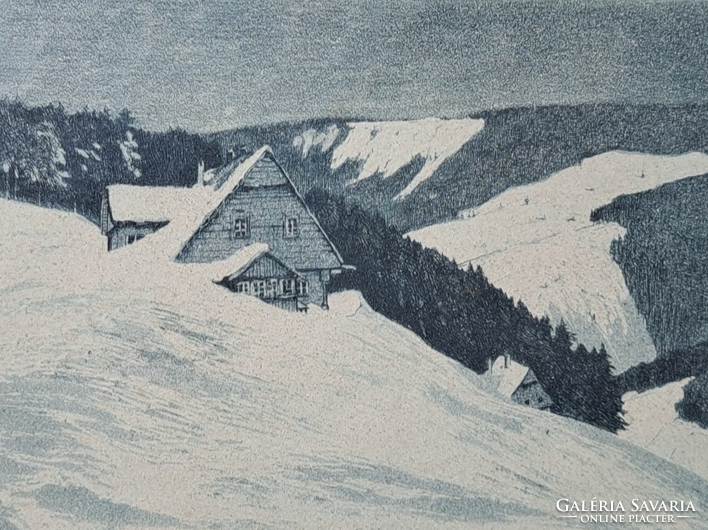 Alpine hut - winter landscape with houses (full size 26x20 cm) miniature graphic