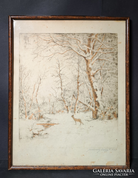Bambi az erdőben -  téli tájkép őzgidával 1937-ből - Marossy Nagy F. - szarvas, szinezett rézkarc