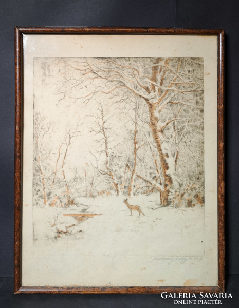 Bambi in the forest - winter landscape with deer from 1937 - marossy nagy f. - Deer, colored etching