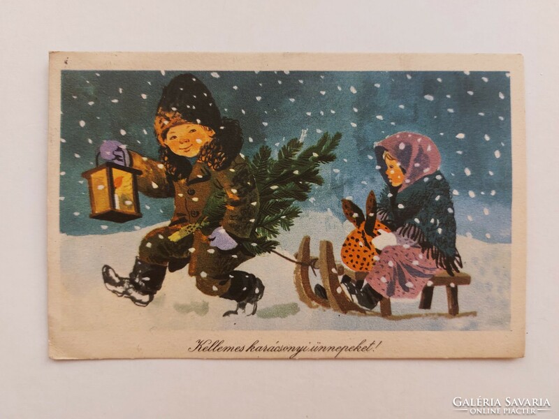 Régi karácsonyi képeslap 1958 levelezőlap hóesés esti szánkózás