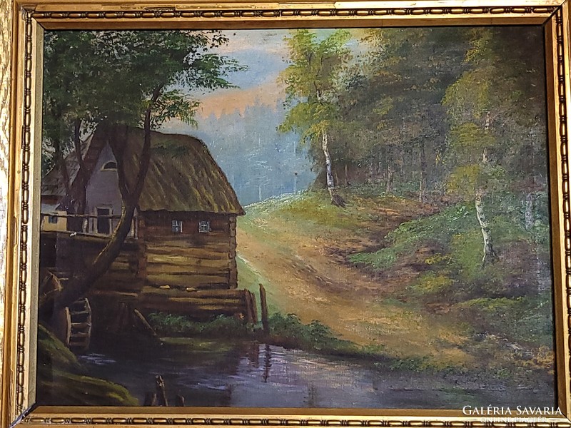 Antique 100-year-old painting of a mountain landscape with a stream