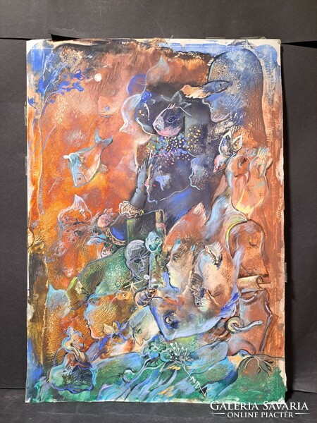 Natalia Bejenaru (1951-): Segítség, hal lettem! (48×34 cm) tempera, 2000, kortárs festőnő - tenger