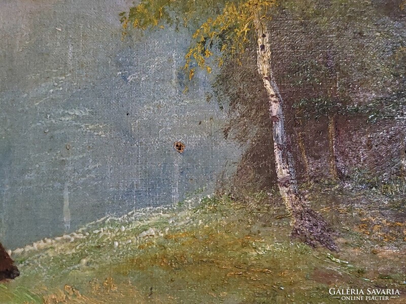 Antik 100 éves festmény hegyvidéki táj patakkal