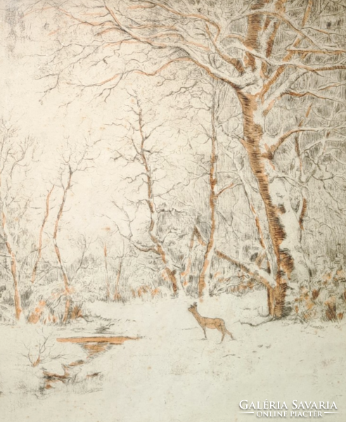 Bambi in the forest - winter landscape with deer from 1937 - marossy nagy f. - Deer, colored etching