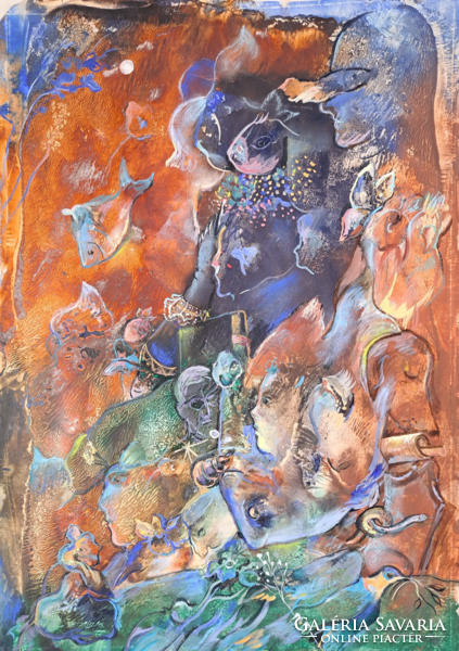 Natalia Bejenaru (1951-): Segítség, hal lettem! (48×34 cm) tempera, 2000, kortárs festőnő - tenger