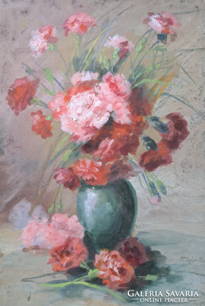 Major Henrik (1895 - 1948): Virágcsendélet 1946-ból, tempera (kerettel 47x37 cm)