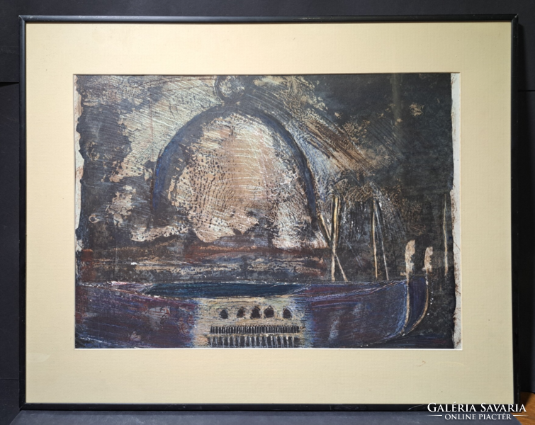 A mysterious modern work with a ship, a painted screen print? (72X57 cm)