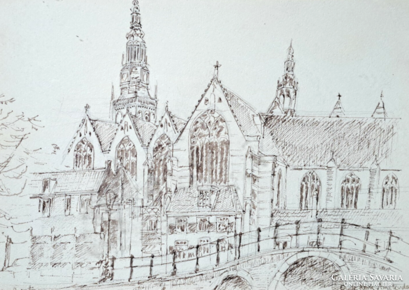 Oude kerk, the oldest building in Amsterdam - pen drawing by Kees Arntzen (1957-) (34x28 cm) - Netherlands