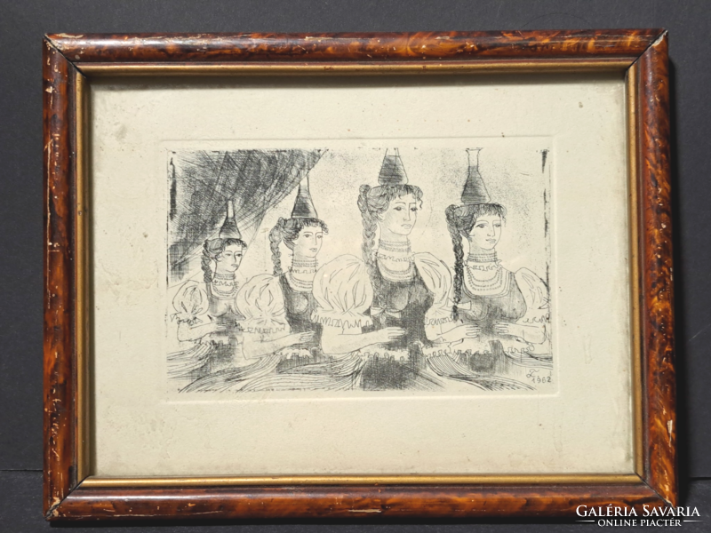 Girls in folk costume, 1962 (with frame 23x18 cm) miniature etching