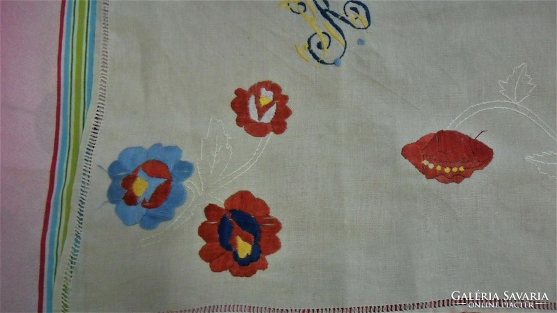Hand-stitched, azure colored old folk woven linen kitchen towel, decorative towel 63 x 57 cm
