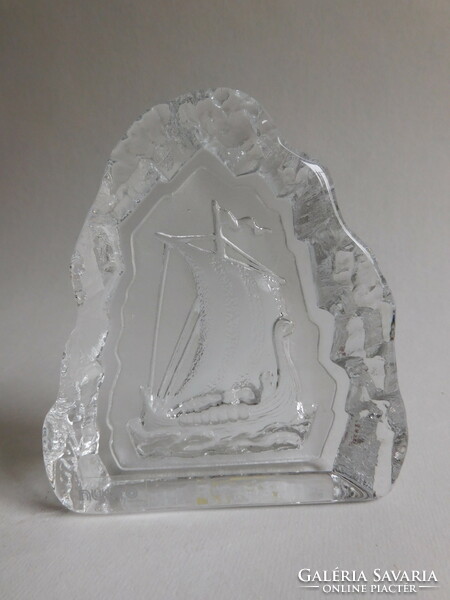 Swedish nybro crystal paperweight - viking ship