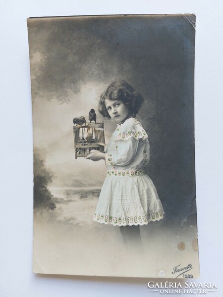 Old postcard photo postcard little girl cage little birds