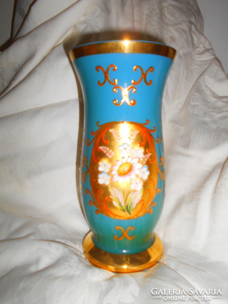 Glass vase with bohemian plastic porcelain flowers in a rare shade of blue, antique, serial number at the bottom