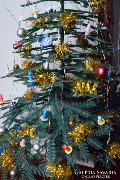 Old retro Christmas tree decorated with mini ornaments mini artificial pine 41 x 26 cm