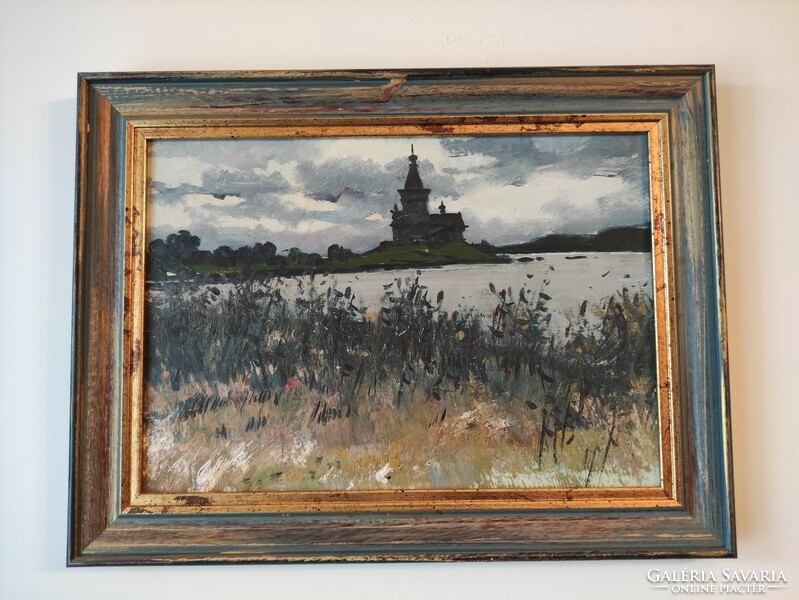 Lakeside castle before a storm oil painting in a sophisticated frame