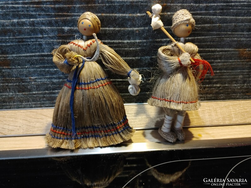 Pair of folk art dolls, handmade 1970s vintage Russian dolls