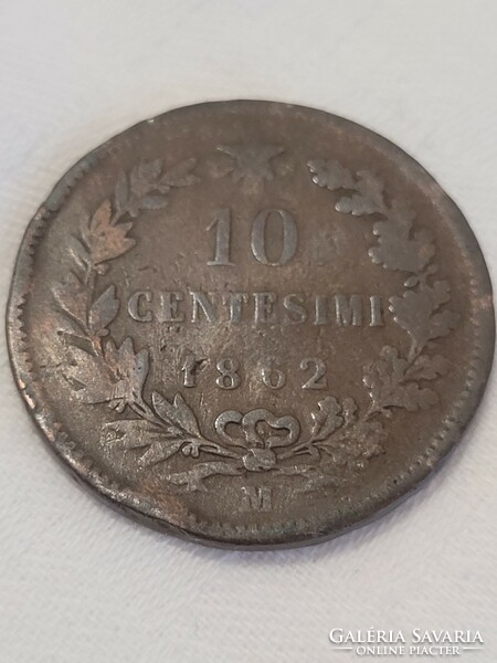 Olaszország 1862. II. Viktor Emánuel, 10 centesimi, "M" verdejellel