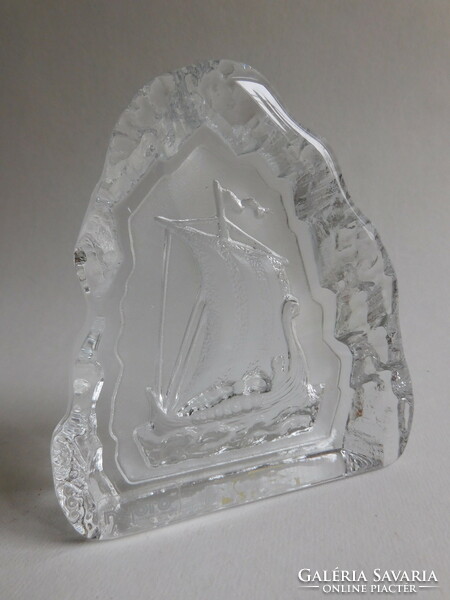 Swedish nybro crystal paperweight - viking ship