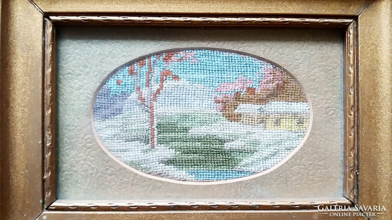 Régi fali kép gobelin tájkép 18 x 12,5 cm