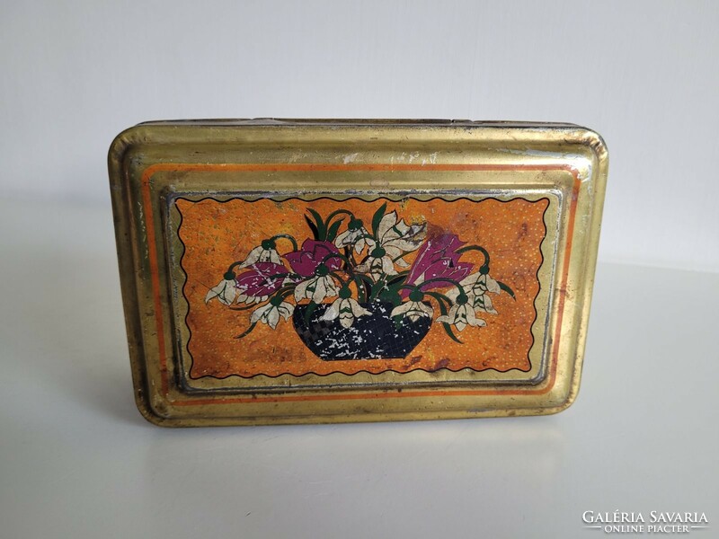 Old metal box with snow flower pattern, vintage Saint Stephen chicory coffee supplement box