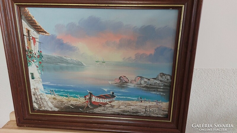 (K) Gyönyörű mediterrán festmény, tenger, kikötő 48x38 cm kerettel