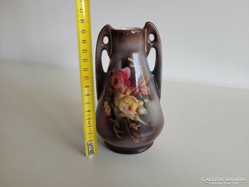 Old antique majolica vase with rose pattern, art nouveau vase