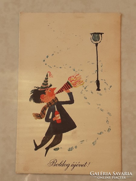 Régi újévi képeslap 1958 rajzos levelezőlap szilveszteri utcai életkép