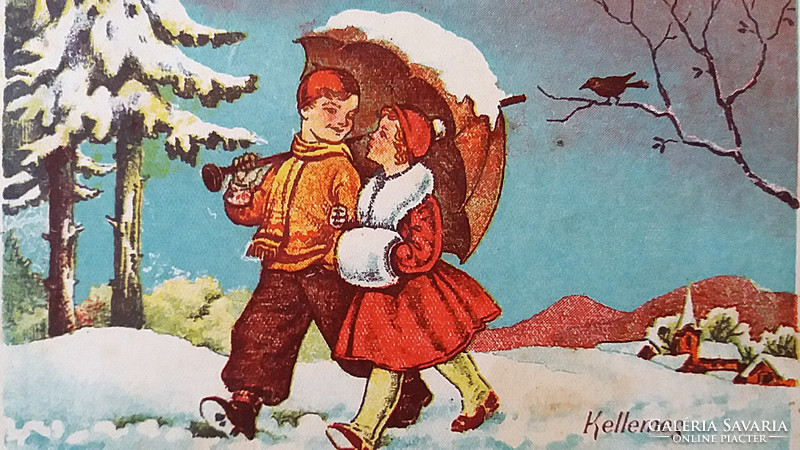 Régi karácsonyi képeslap rajzos levelezőlap 1940 séta a hóban