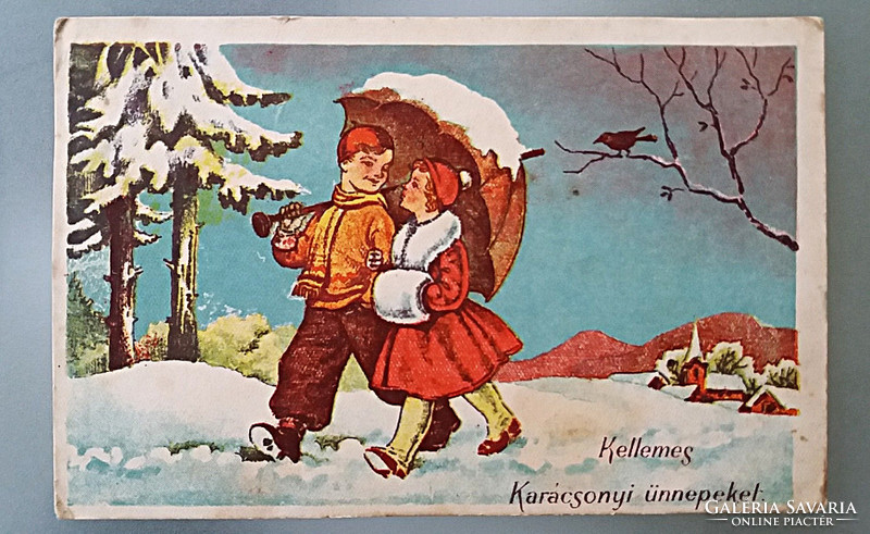 Old Christmas postcard picture postcard 1940 walk in the snow