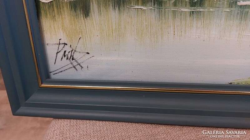 (K) Szép tájkép festmény vízparti házikóval festmény 54x47 cm kerettel