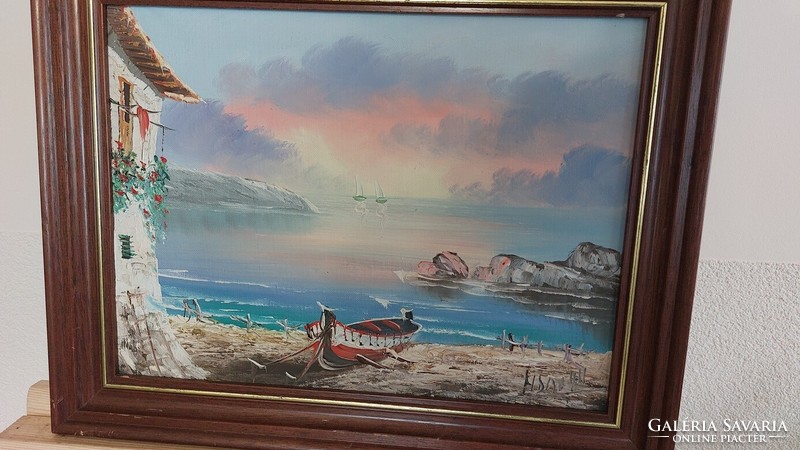 (K) beautiful Mediterranean painting, sea, harbor 48x38 cm with frame