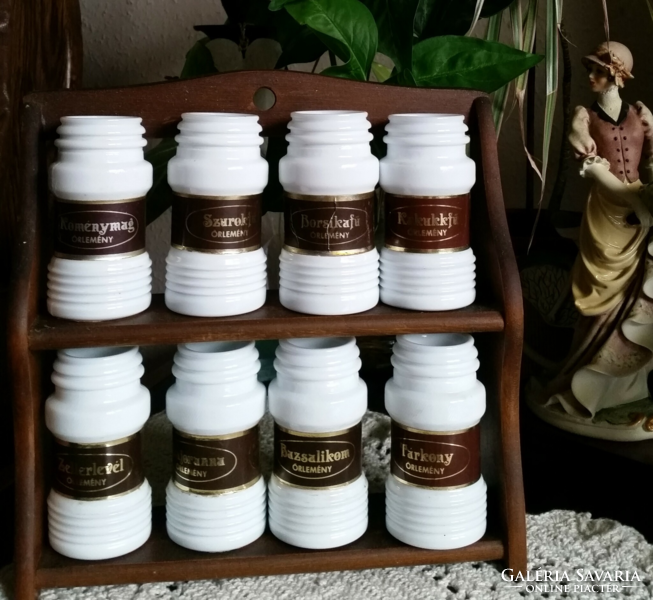 Retro hanging wooden spice rack, 8 pcs. Milk bottle with original herbarium label and old spice holder