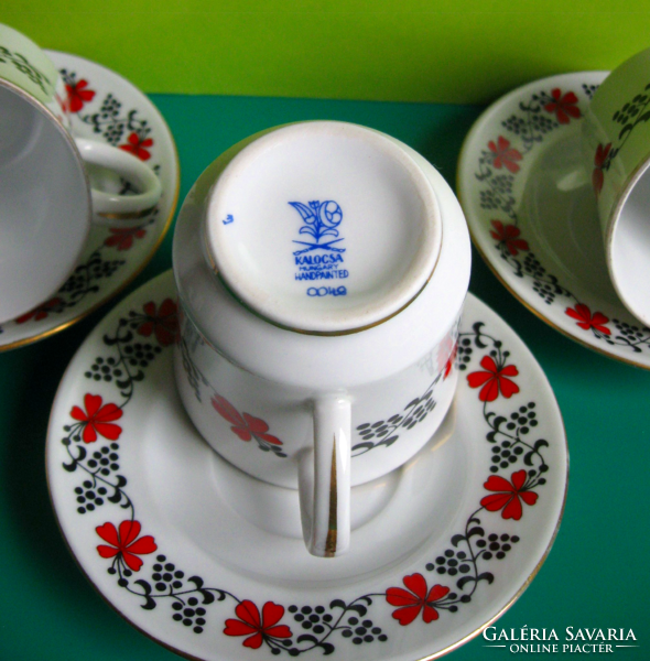 Kalocsa  porcelán - kézzel festett kávés csészék  alátéttel – 3 db szett  - Retró