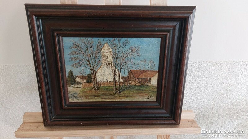 (K) small village church painting with 38x32 cm frame